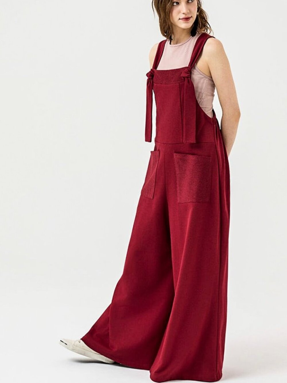 B47 French Terry Adjustable Straps Overall Jumpsuit Wide Leg Boho NEW Burgundy - Picture 2 of 4